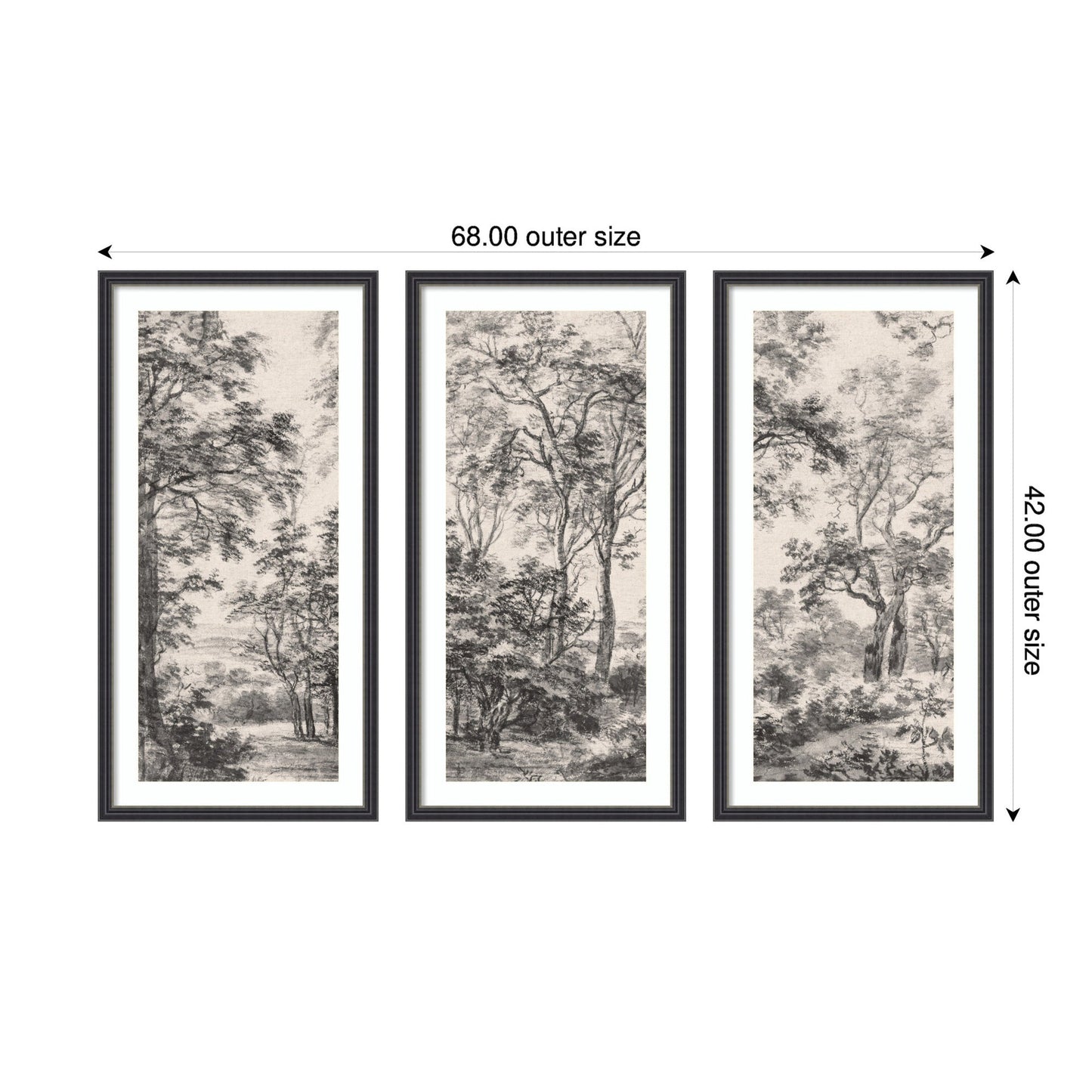 Wooded Landscape after 1648 Antonie Waterloo Linen Panel 3 Piece Framed Wall Art Print Set by Nostalgia Prints