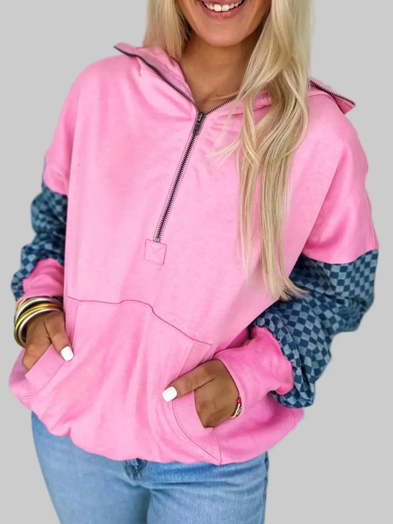 Women Half Zip Checkered Sleeve Hoodie